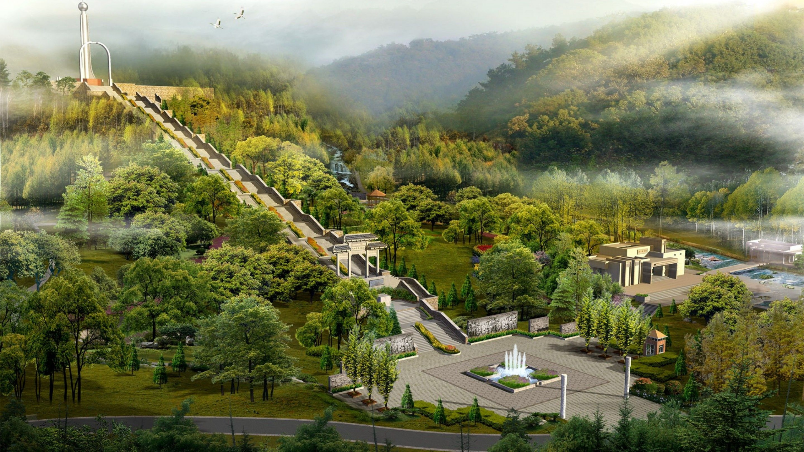 Обои Япония пейзаж, Япония, пейзаж, горная станция, дерево в разрешении 2560x1440