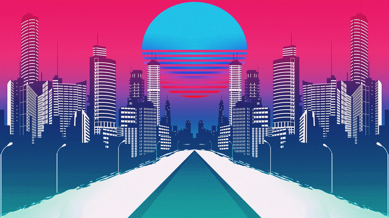 Обои Synthwave, арт, синий, городской пейзаж, линия горизонта в разрешении 1280x720