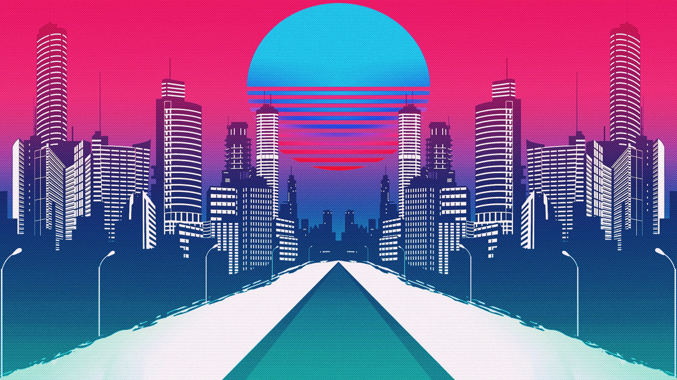 Обои Synthwave, арт, синий, городской пейзаж, линия горизонта в разрешении 1366x768
