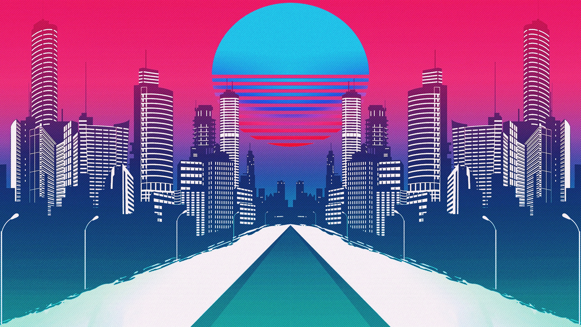 Обои Synthwave, арт, синий, городской пейзаж, линия горизонта в разрешении 1920x1080