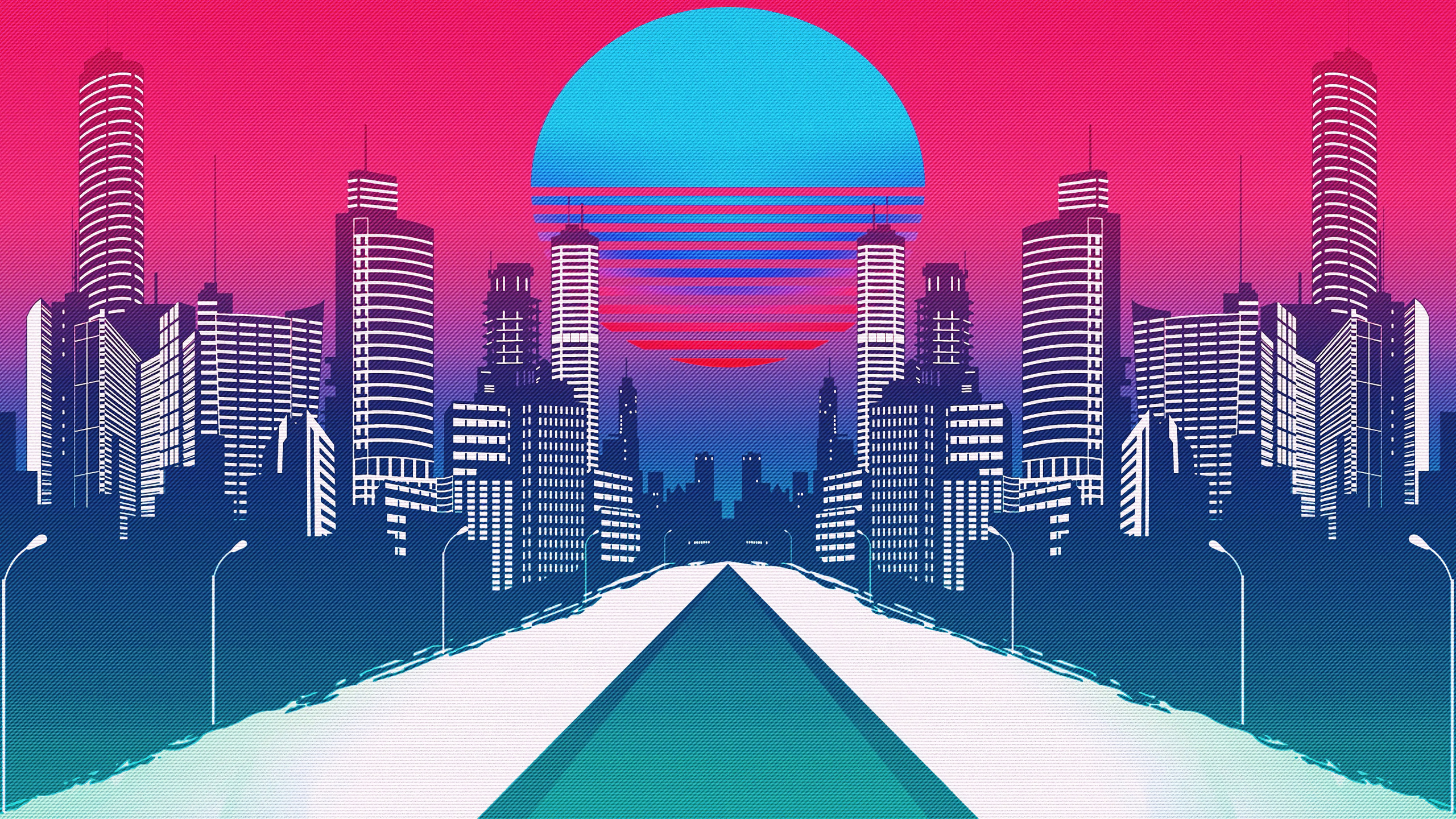Обои Synthwave, арт, синий, городской пейзаж, линия горизонта в разрешении 2560x1440