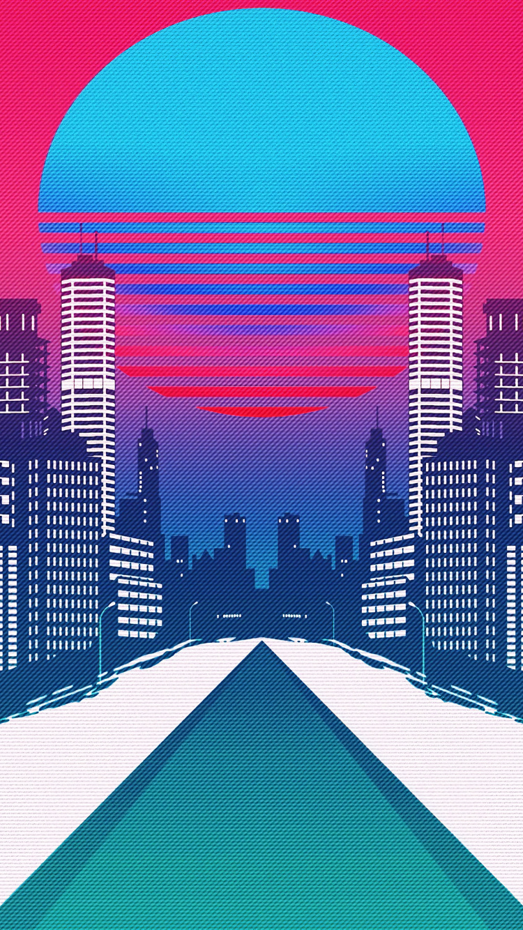 Обои Synthwave, арт, синий, городской пейзаж, линия горизонта в разрешении 750x1334