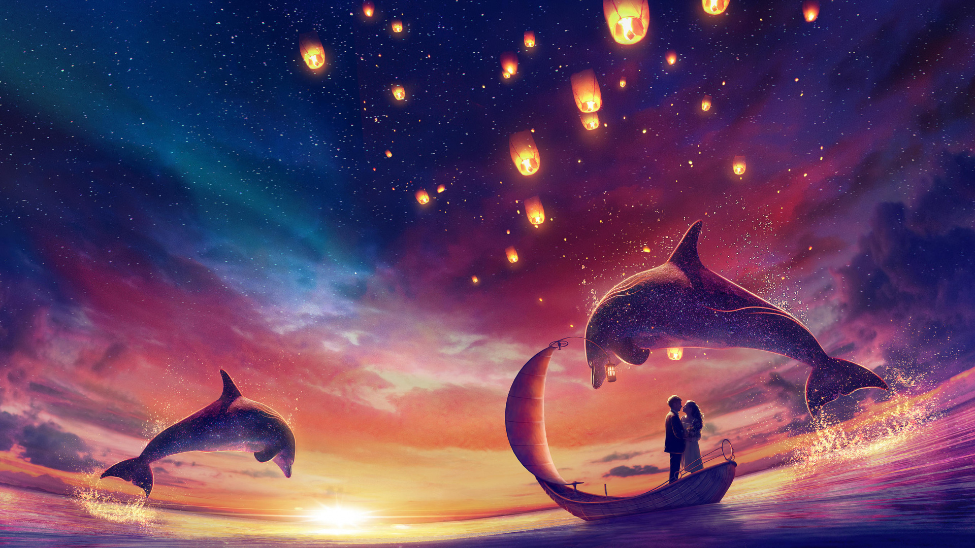 Обои Дельфин, небо, музыка, китообразных, белых в разрешении 1920x1080
