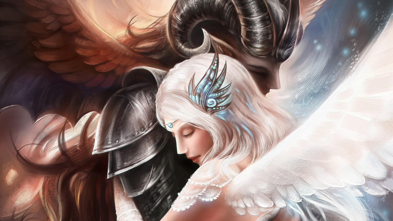Обои ангел, арт, крепкое объятие, сверхъестественное существо, мифология в разрешении 1280x720