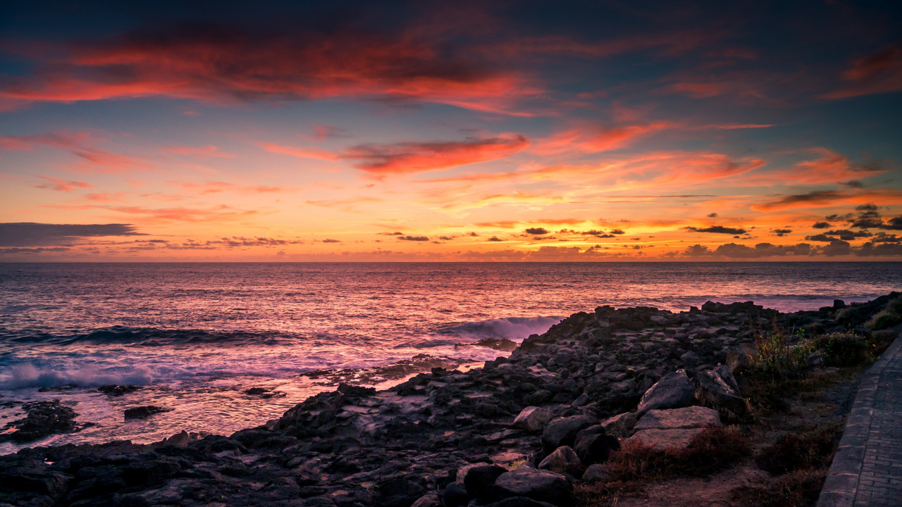 Обои пляж, закат, море, побережье, горизонт в разрешении 1280x720