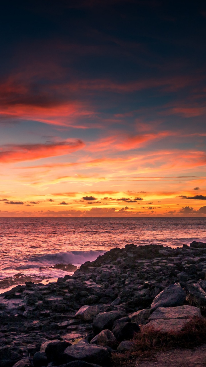 Обои пляж, закат, море, побережье, горизонт в разрешении 720x1280