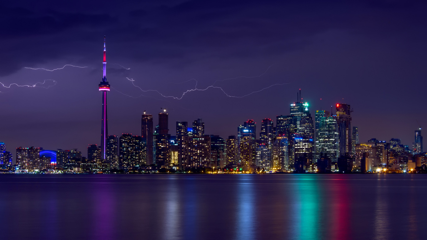 Обои ночь, здание, городской пейзаж, город, линия горизонта в разрешении 1366x768