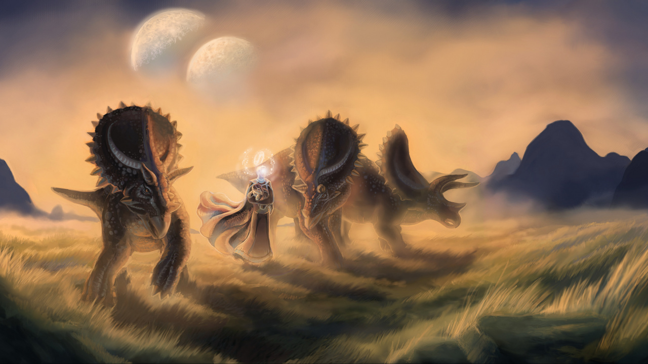 Обои динозавр, тираннозавр, мифология, облако, пейзаж в разрешении 1280x720