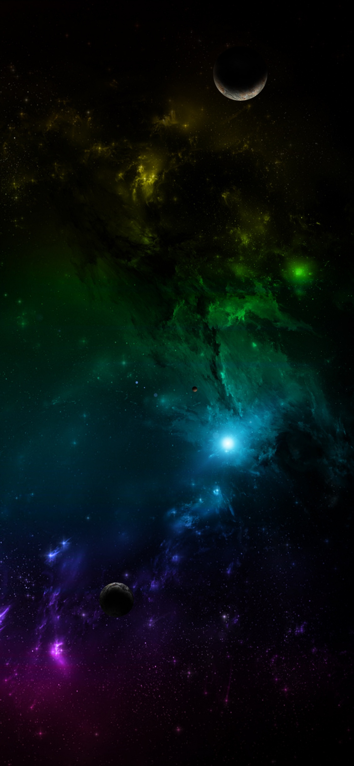Обои зеленый, синий, астрономический объект, космическое пространство, свет в разрешении 1125x2436