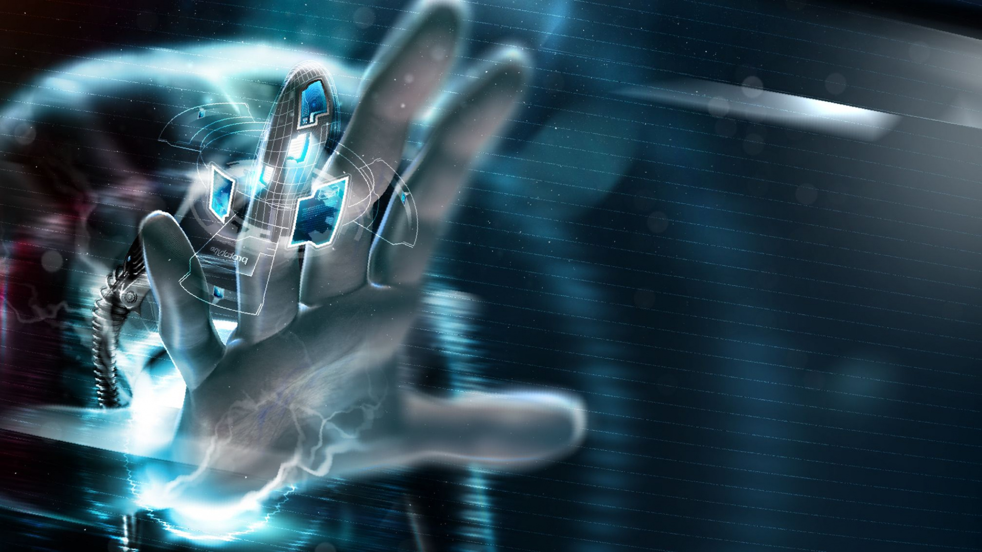 Обои свет, графика, космос, рука, бионика в разрешении 1920x1080