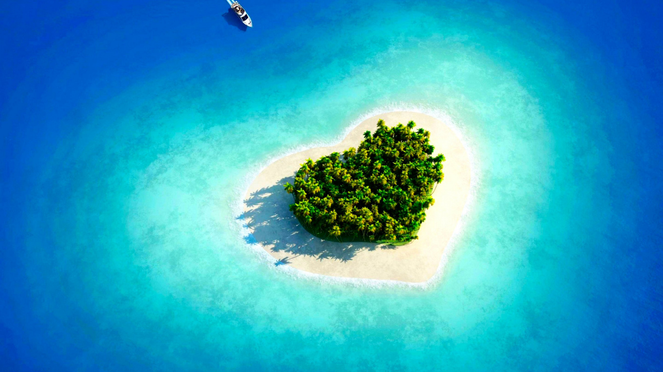 Обои Остров, пляж, лазурный, небо, остров в форме сердца в разрешении 1366x768