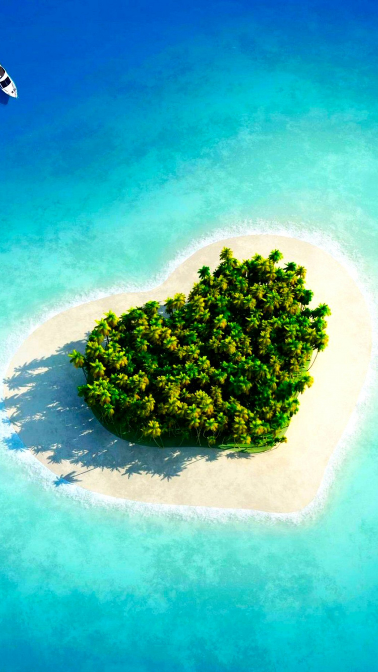 Обои Остров, пляж, лазурный, небо, остров в форме сердца в разрешении 750x1334