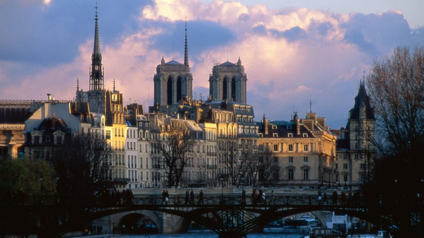 Обои Эйфелева башня, сена, город, ориентир, реки в разрешении 1366x768