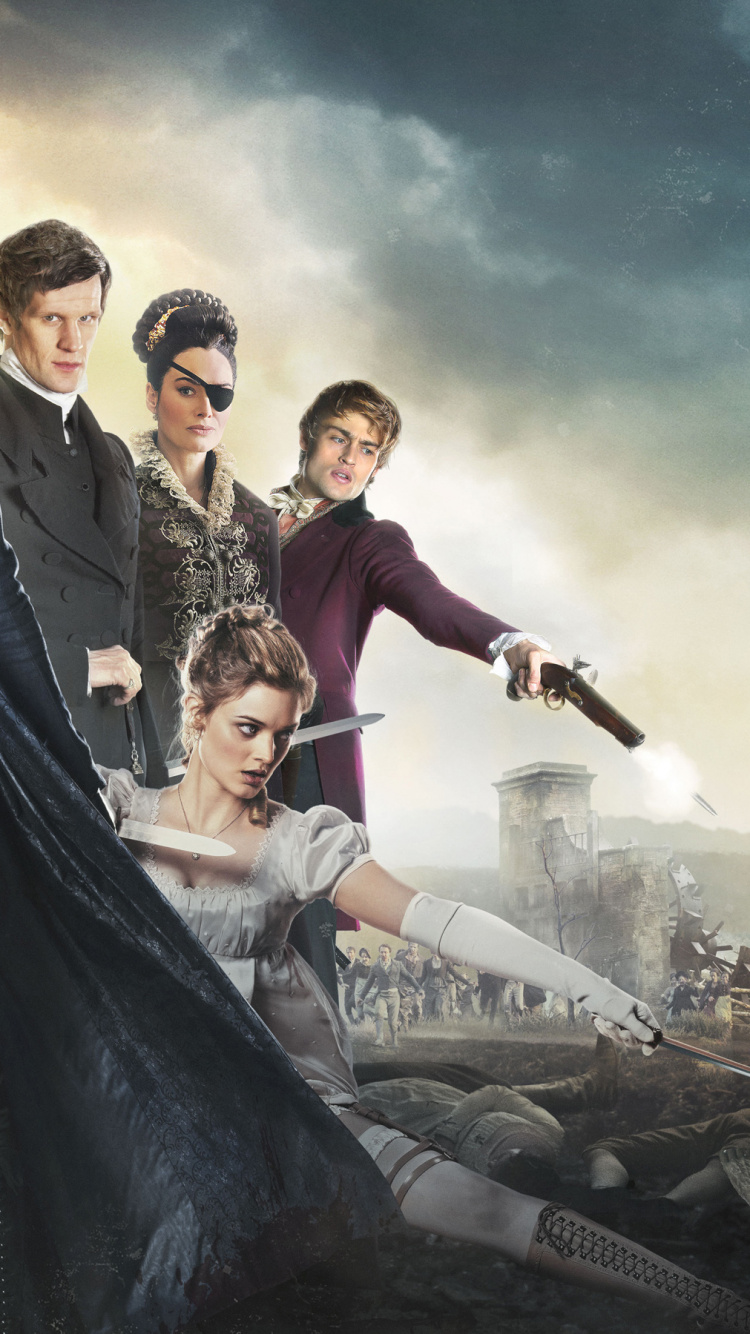 Обои Лили Джеймс, Гордость и предубеждение и зомби, Гордость и предубеждение, Mashup, боевик в разрешении 750x1334