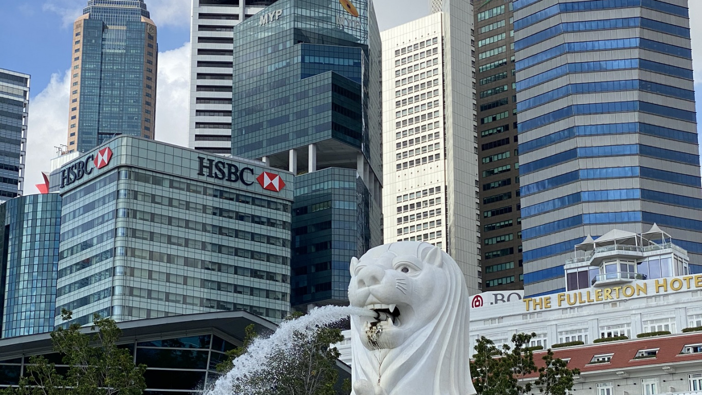 Обои Сингапур, башня, дневное время, фонтан, город в разрешении 1366x768