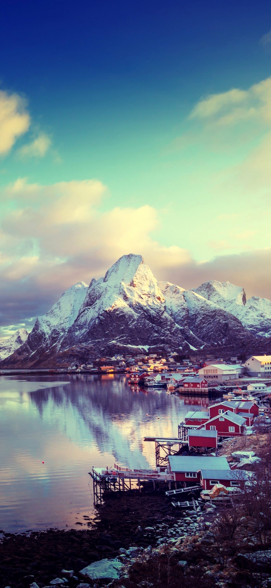 Обои Лофотен, фьорд, зима, природный ландшафт, гора в разрешении 1125x2436