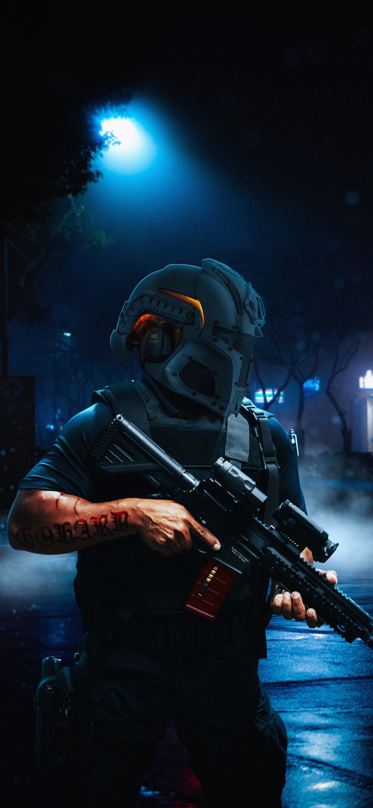 Обои темнота, противогаз, химия, наука, музыкант в разрешении 1242x2688