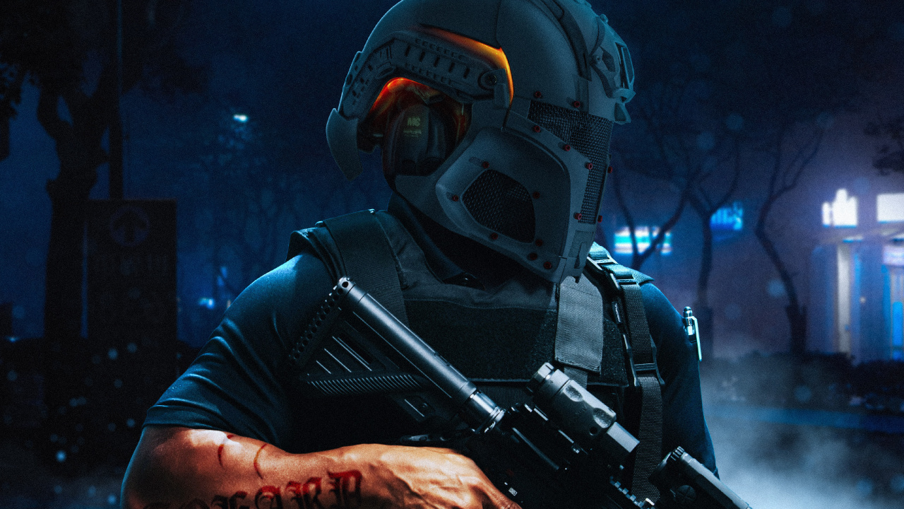 Обои темнота, противогаз, химия, наука, музыкант в разрешении 1280x720