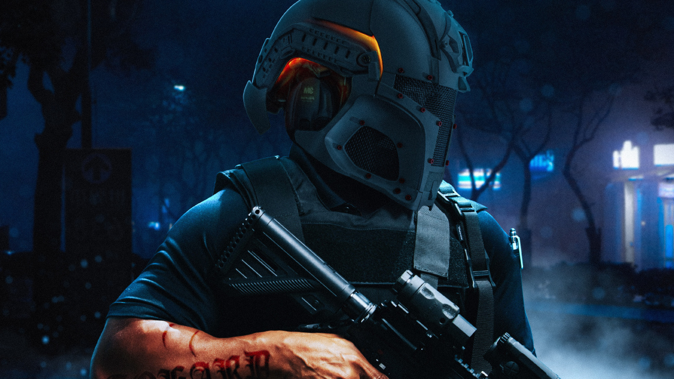 Обои темнота, противогаз, химия, наука, музыкант в разрешении 1366x768