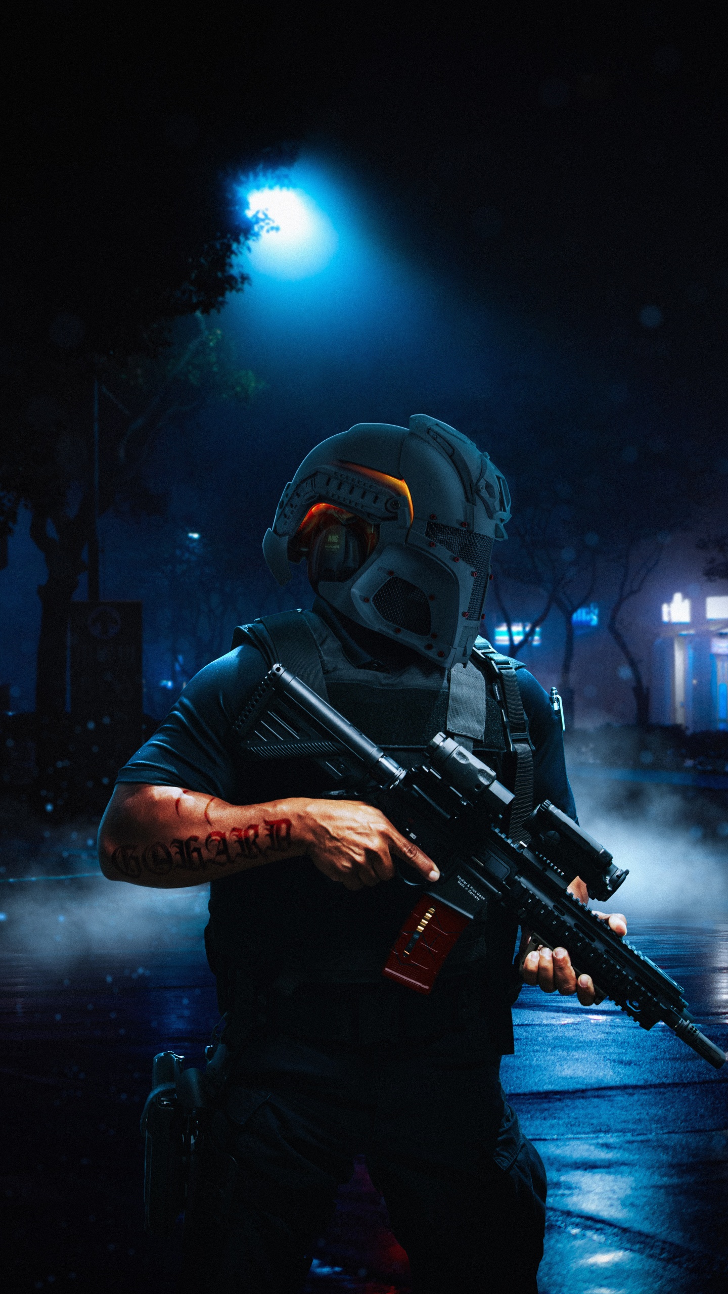 Обои темнота, противогаз, химия, наука, музыкант в разрешении 1440x2560