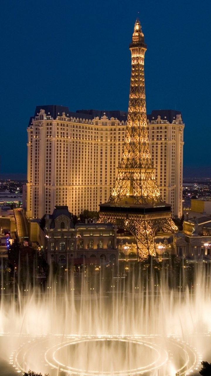 Обои Отель Белладжио и казино, фонтан, город, ориентир, городской пейзаж в разрешении 720x1280
