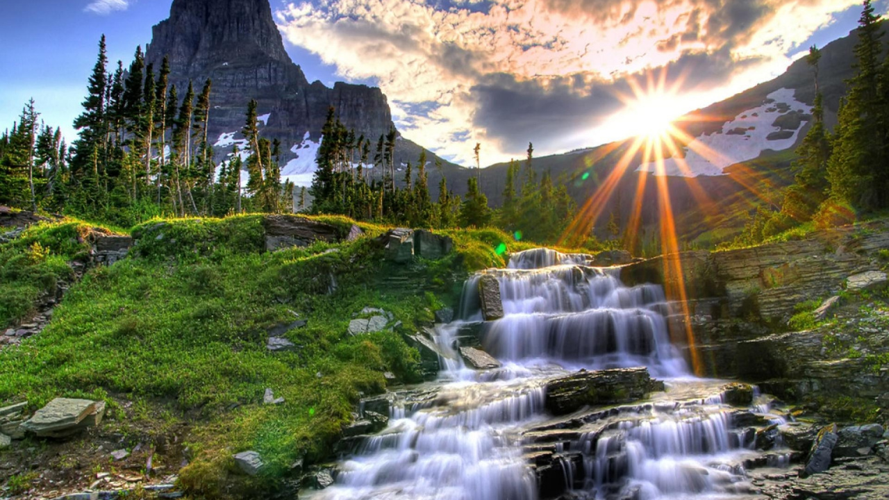 Обои водопад, природный ландшафт, природа, водоем, вода в разрешении 1280x720