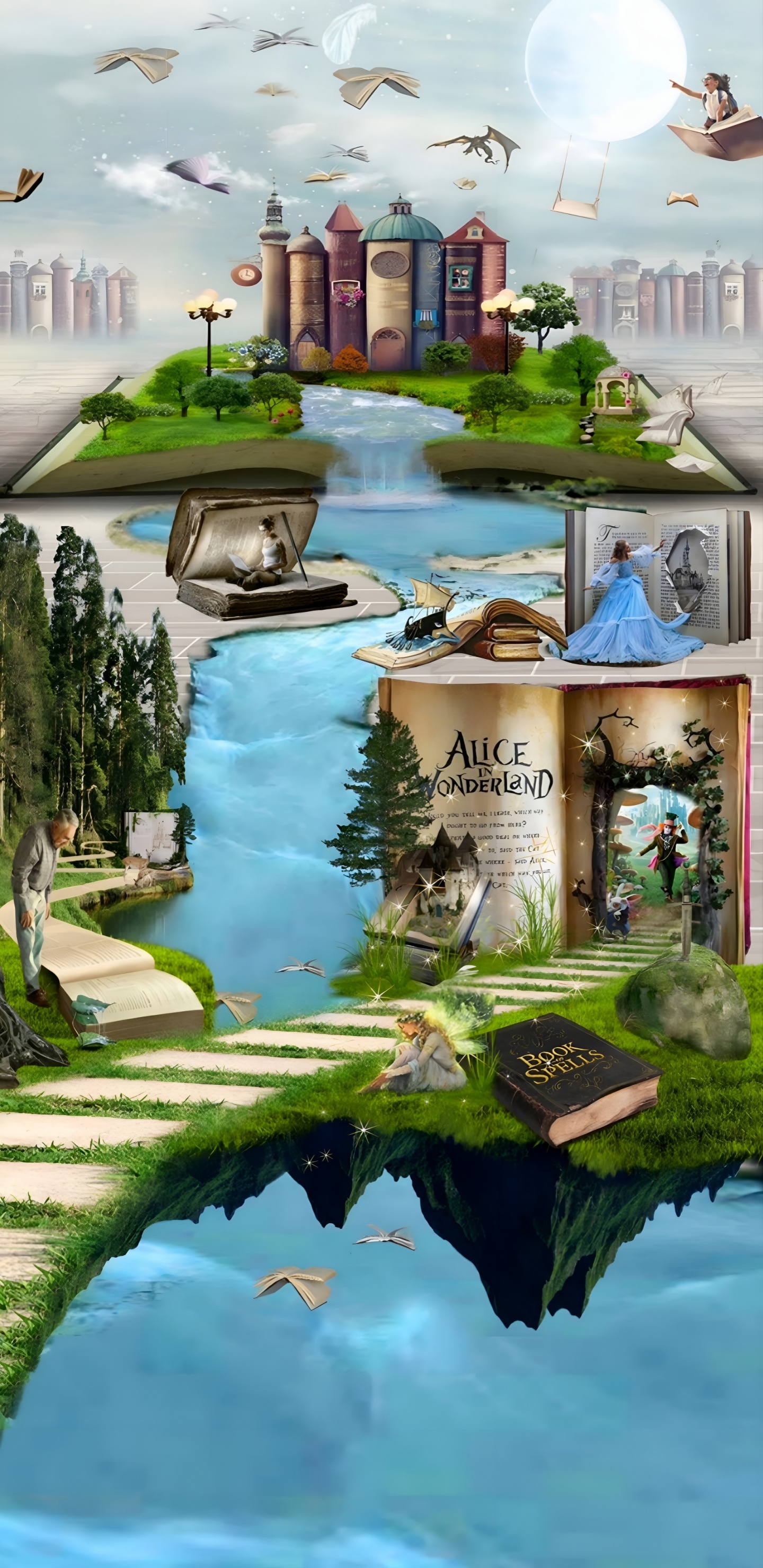 Обои книги, сказка, природа, вода, плавательный бассейн в разрешении 1440x2960