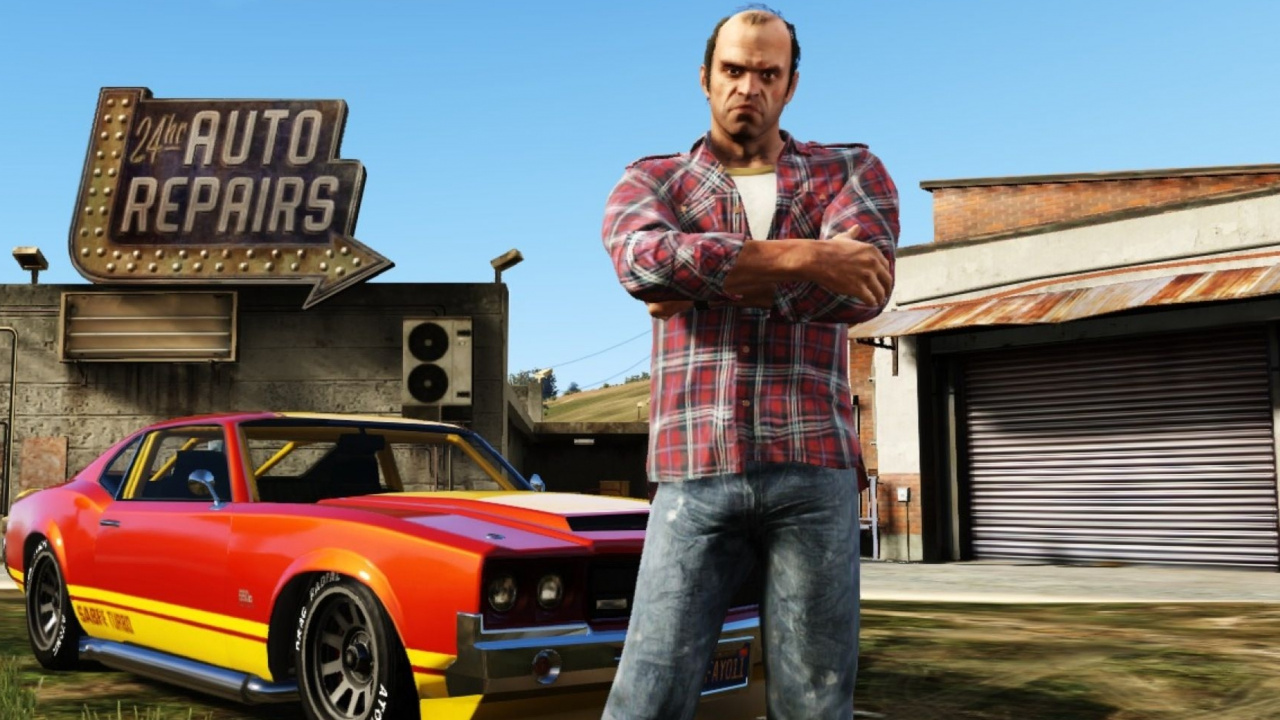 Обои grand theft auto v, grand theft auto san andreas, Тревор Филипс, Рокстар игры, Take-Two Interactive в разрешении 1280x720