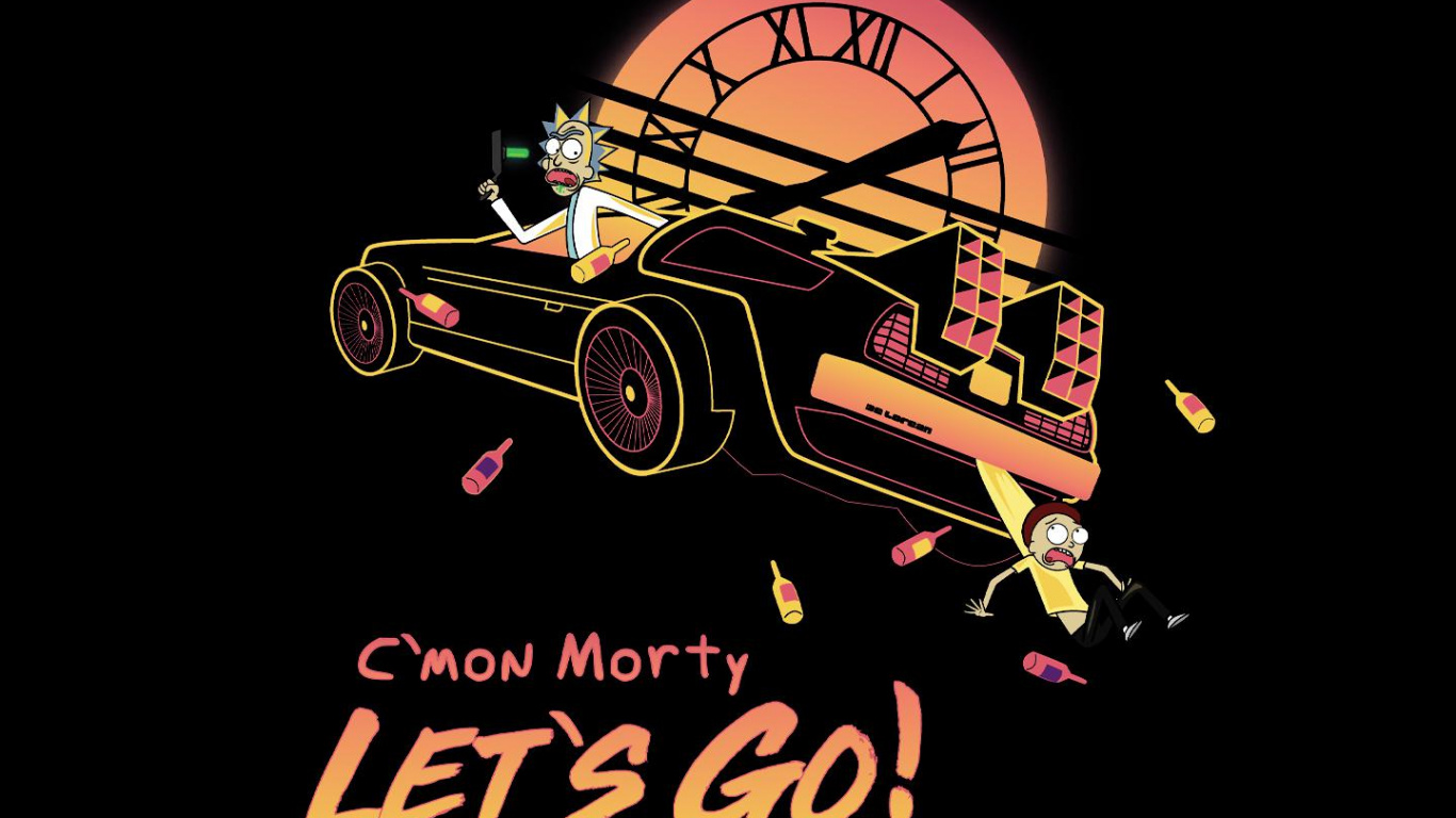 Обои амолед, Рик Санчез, Морти Смит, иллюстрация, Synthwave в разрешении 1366x768