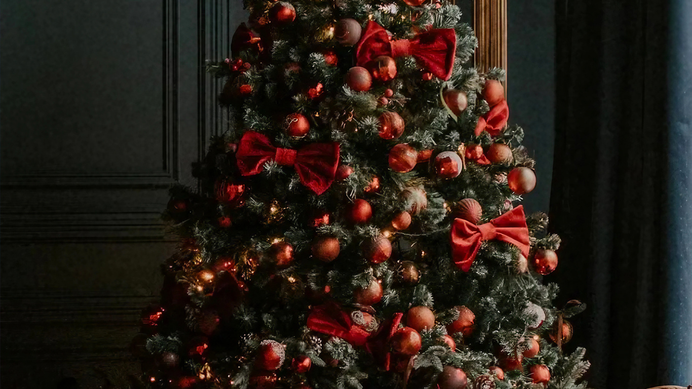 Обои Рождество, елка, рождественский орнамент, рождественская елка с красными шарами, Рождественские украшения в разрешении 1366x768