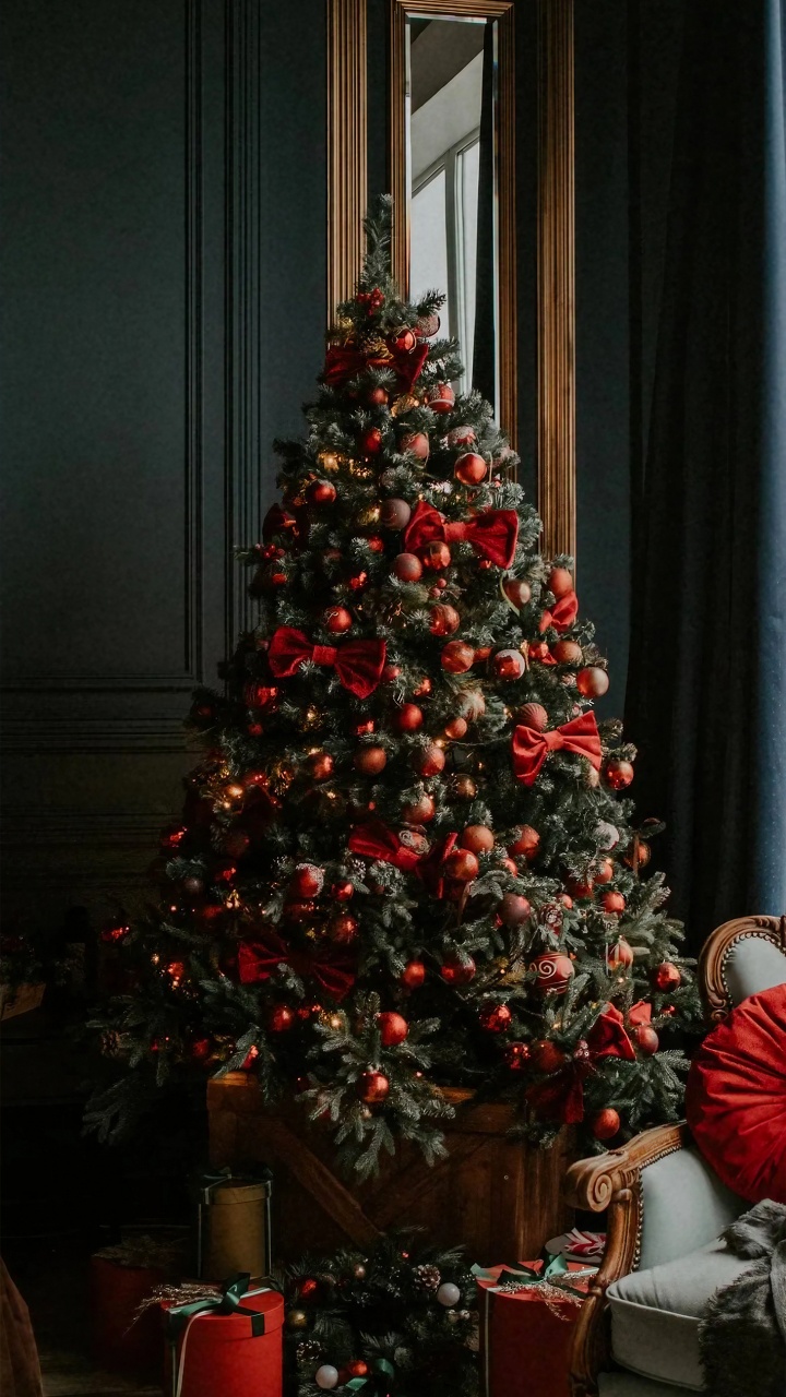 Обои Рождество, елка, рождественский орнамент, рождественская елка с красными шарами, Рождественские украшения в разрешении 720x1280