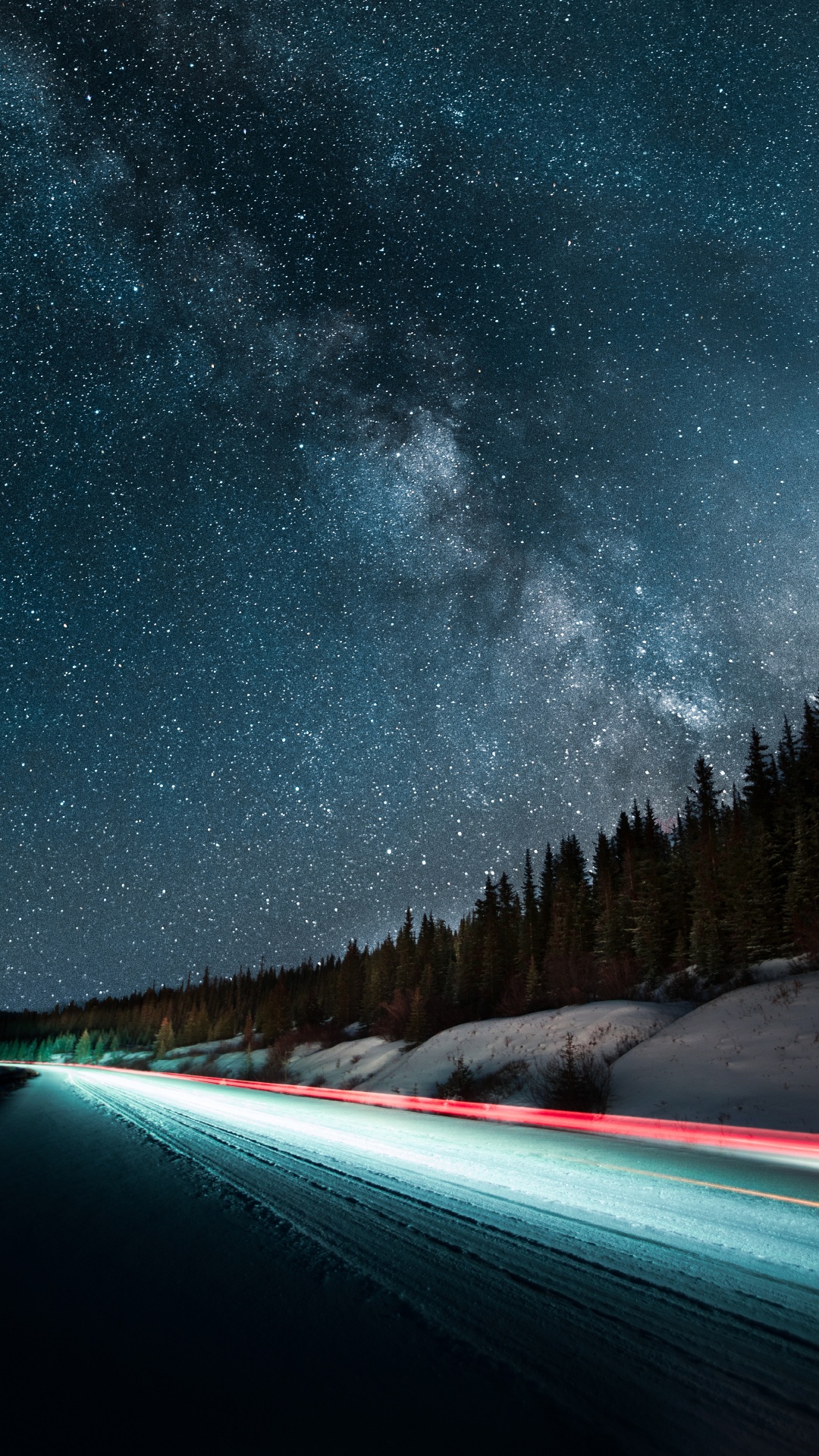 Обои ночь, дорога, атмосфера, дерево, космос в разрешении 1080x1920