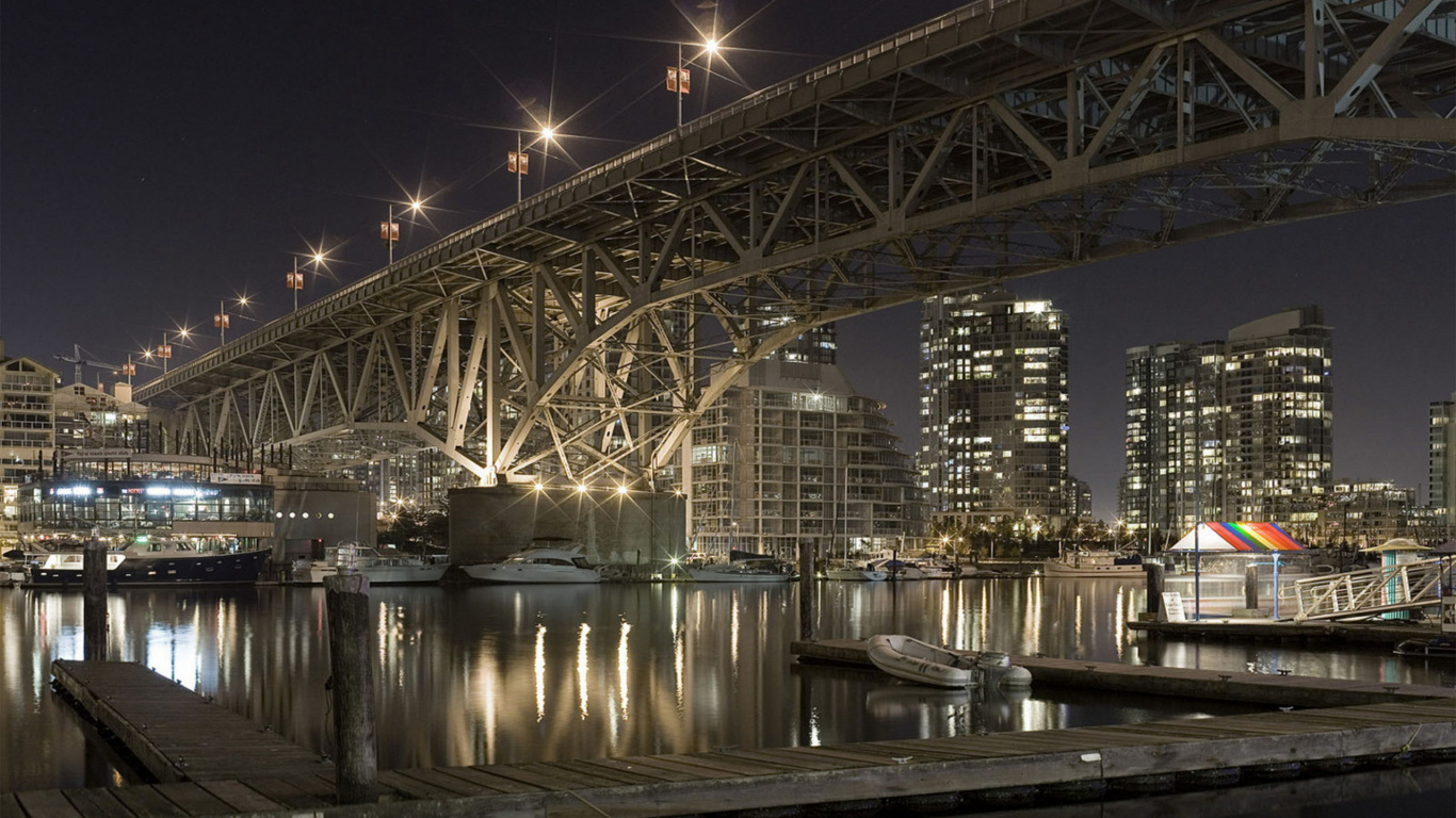 Обои мост Гранвиль, Улица Мост Гранвиль, Остров Гранвиль, мост, ночь в разрешении 1366x768