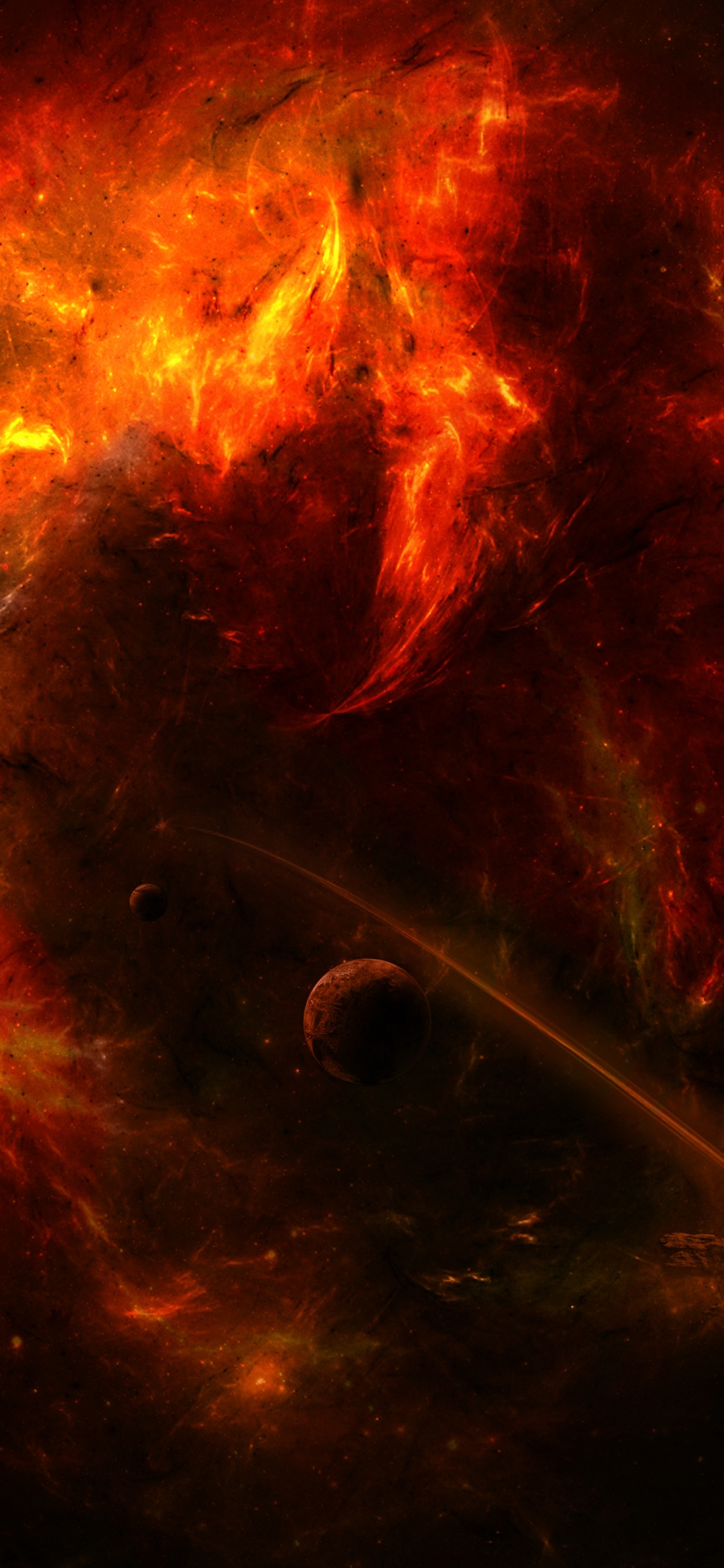 Обои атмосфера, космическое пространство, пламя, Вселенная, астрономический объект в разрешении 1125x2436