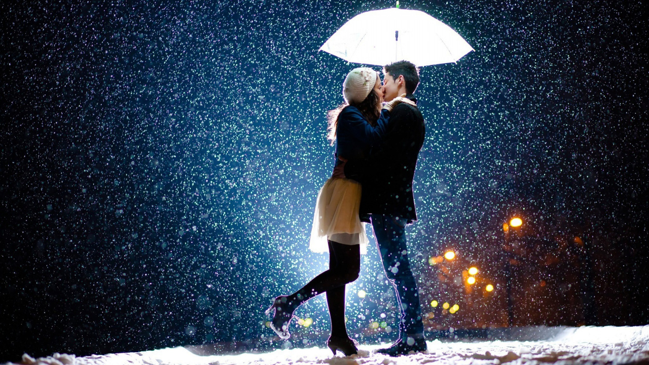 Обои роман, поцелуй, пара, зонтик, снег в разрешении 1280x720