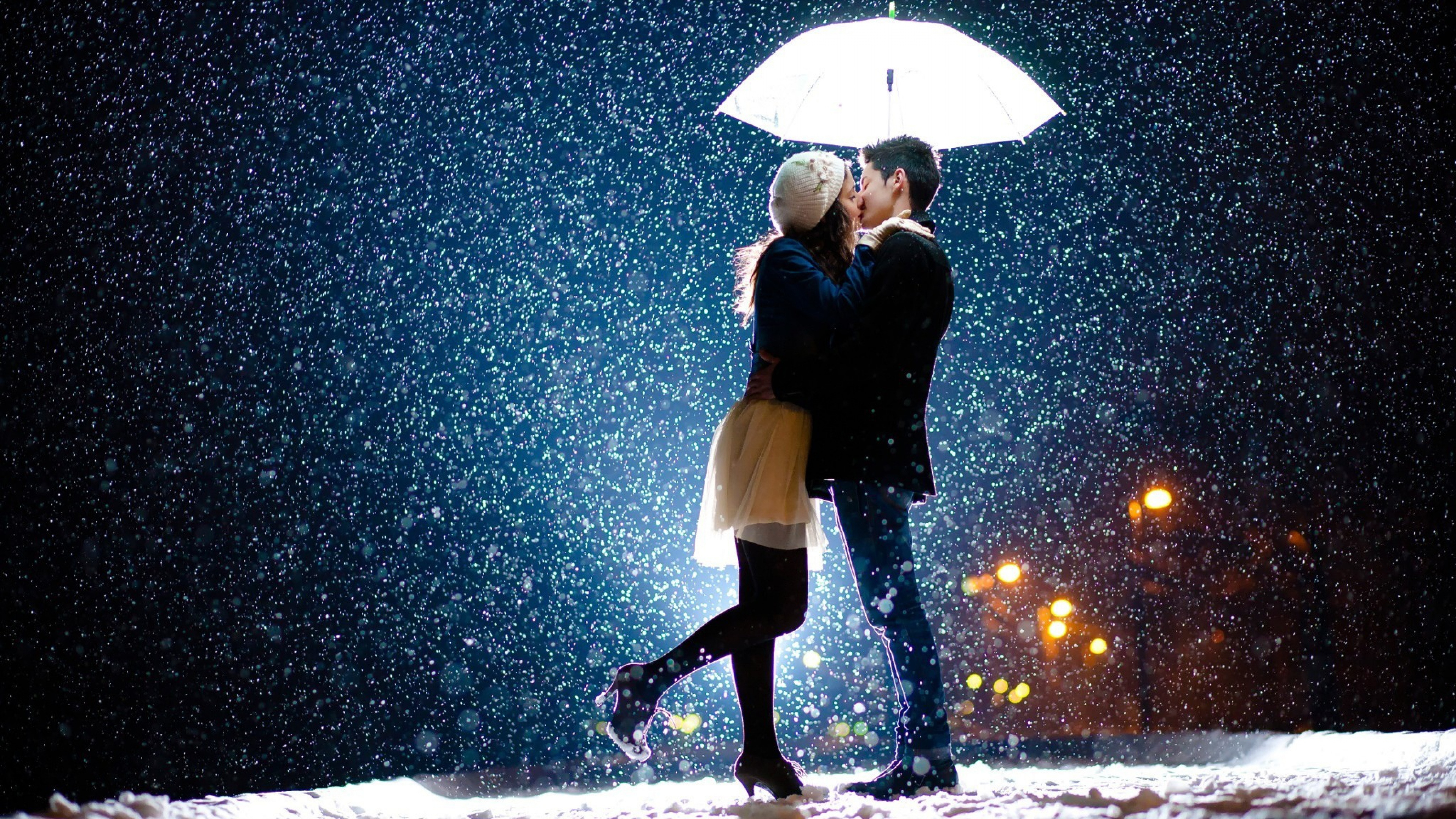Обои роман, поцелуй, пара, зонтик, снег в разрешении 3840x2160