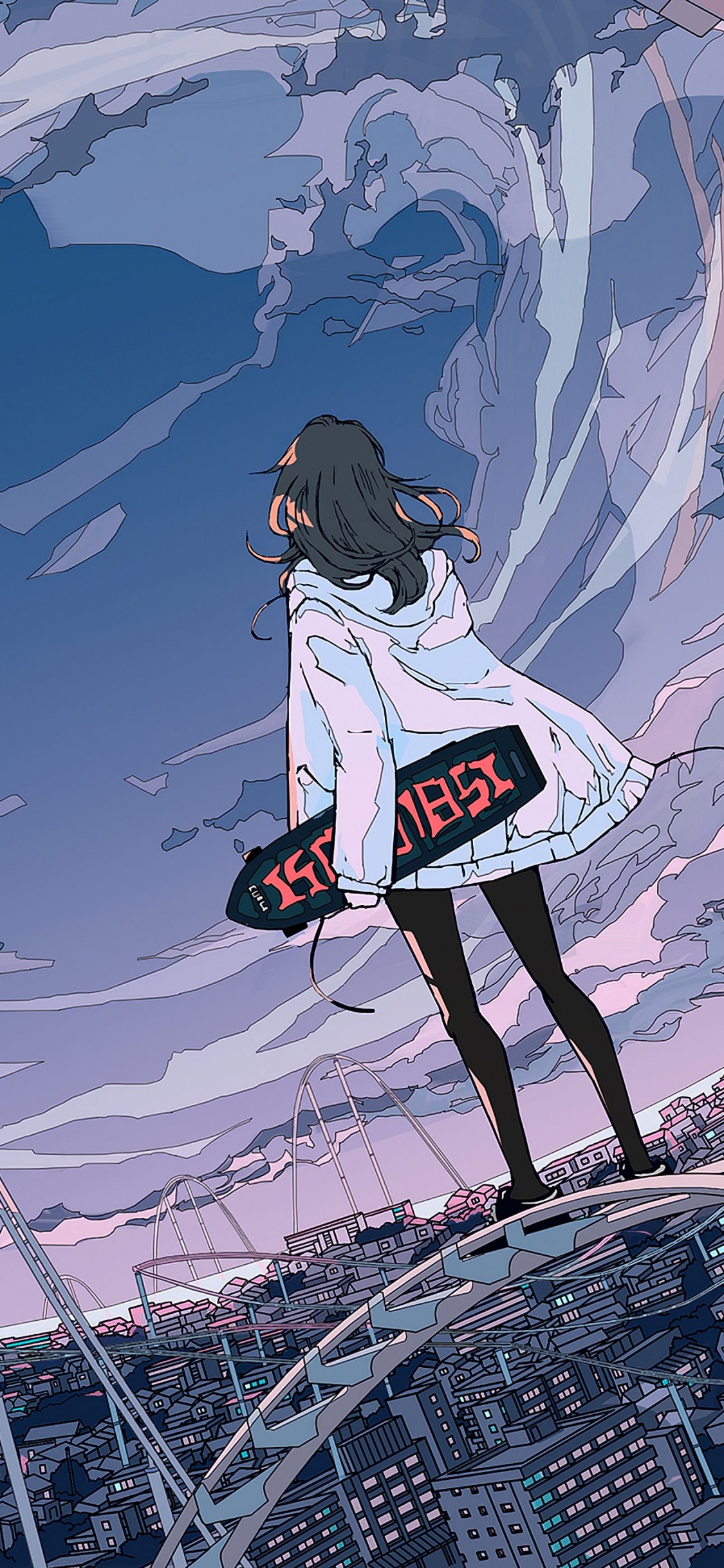 Обои скейтборд, аниме, девушка скейтборды, аниме арт, скейтбординг в разрешении 1125x2436