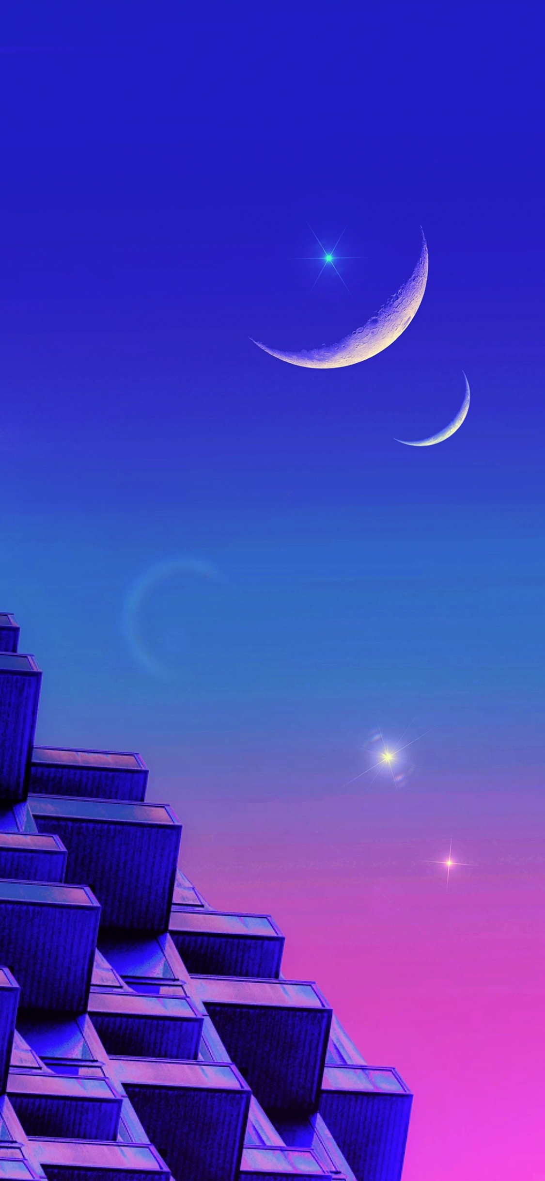 Обои город, Ретровейв, событие, астрономический объект, полумесяц в разрешении 1125x2436