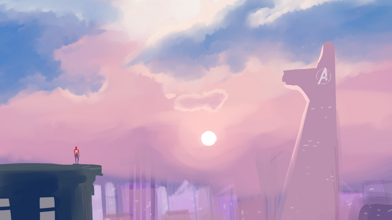 Обои человек-паук, супергерой, розовый, снимок, облако в разрешении 1280x720