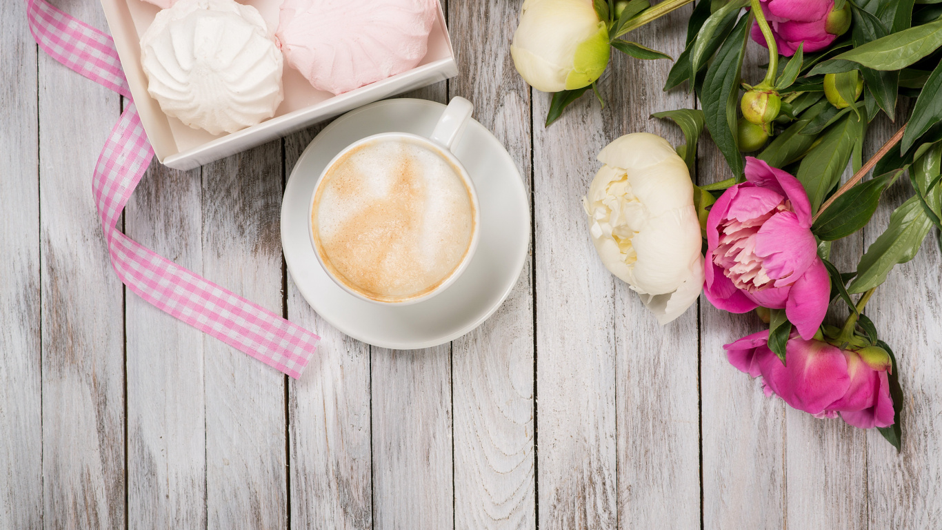 Обои кухня, пион, капучино, растение, ингредиент в разрешении 1366x768