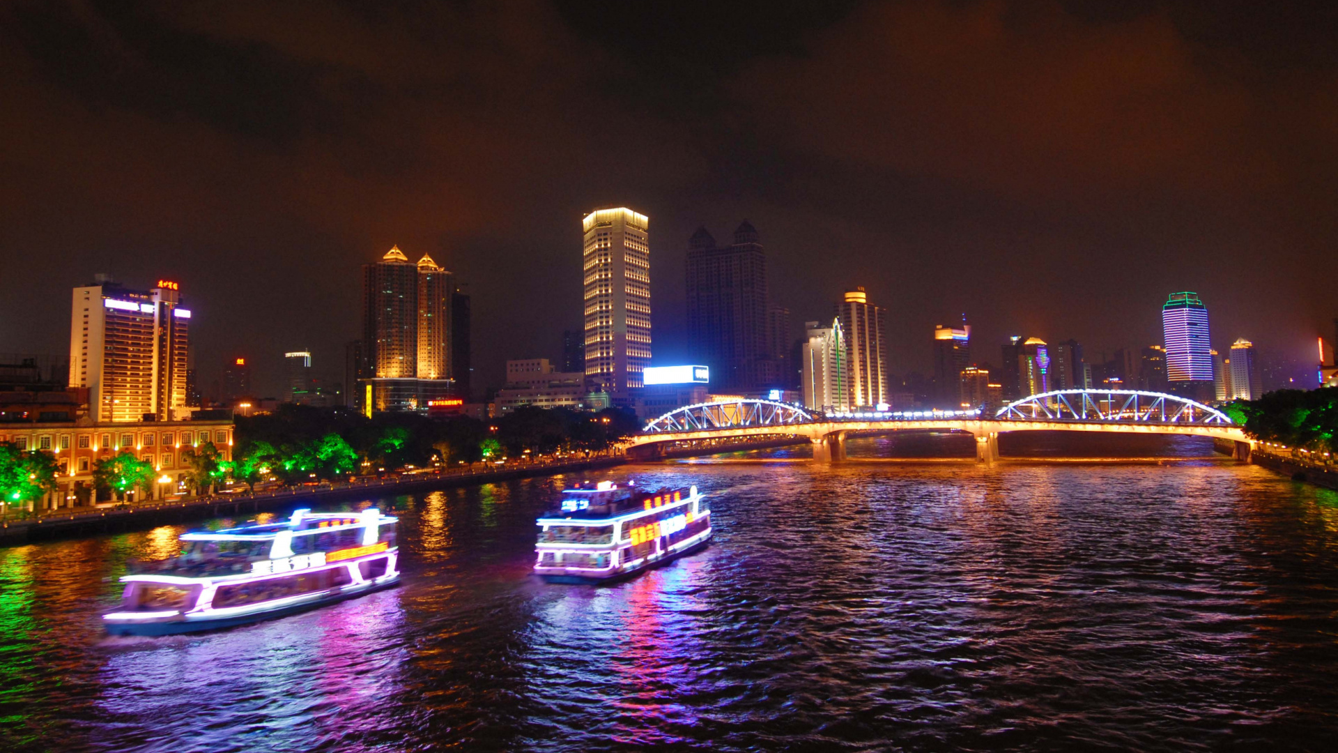 Обои жемчужная река, Телебашни, городской пейзаж, ночь, город в разрешении 1920x1080