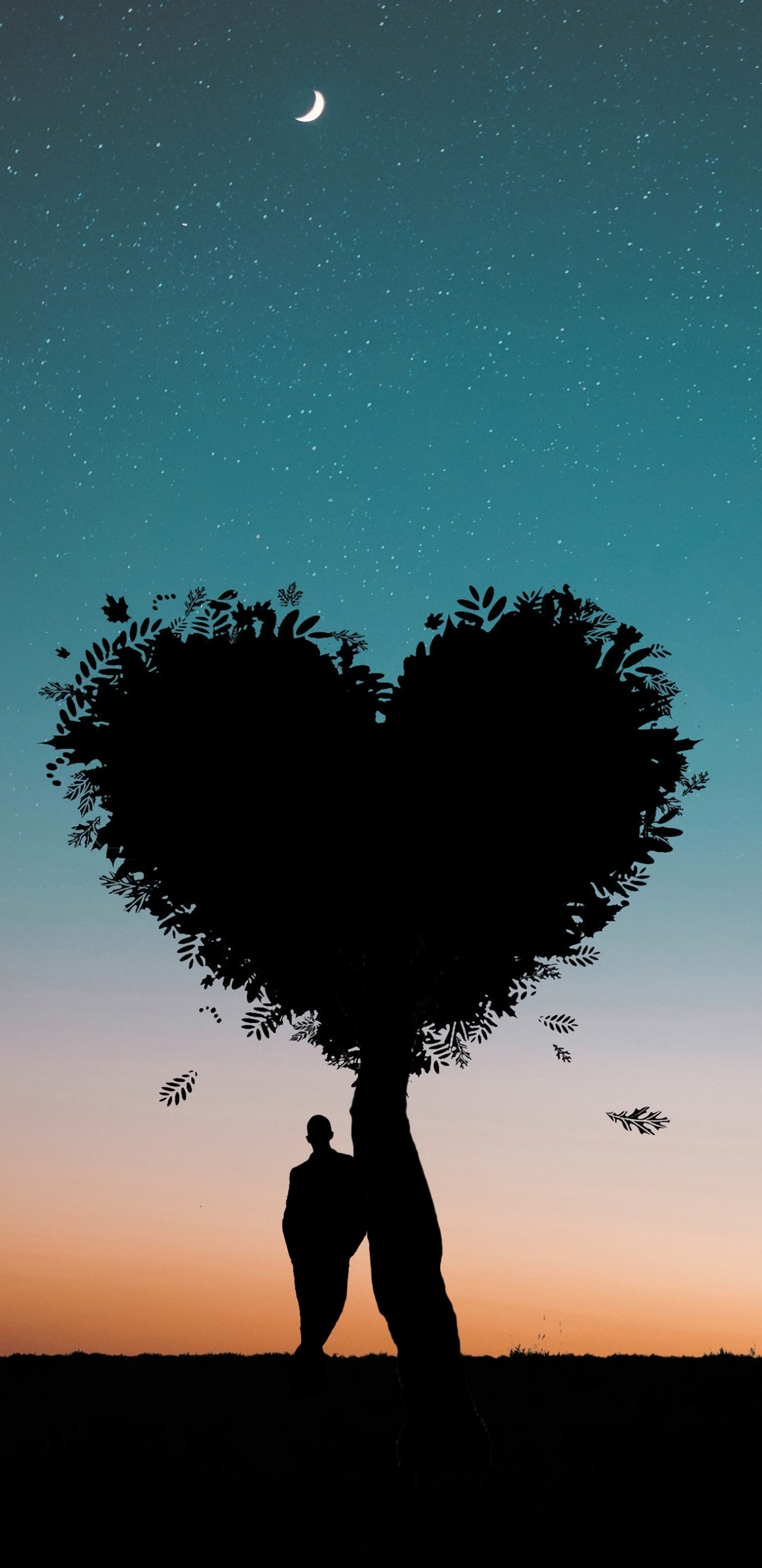 Обои дерево, облако, любовь, силуэт, сердце в разрешении 1440x2960