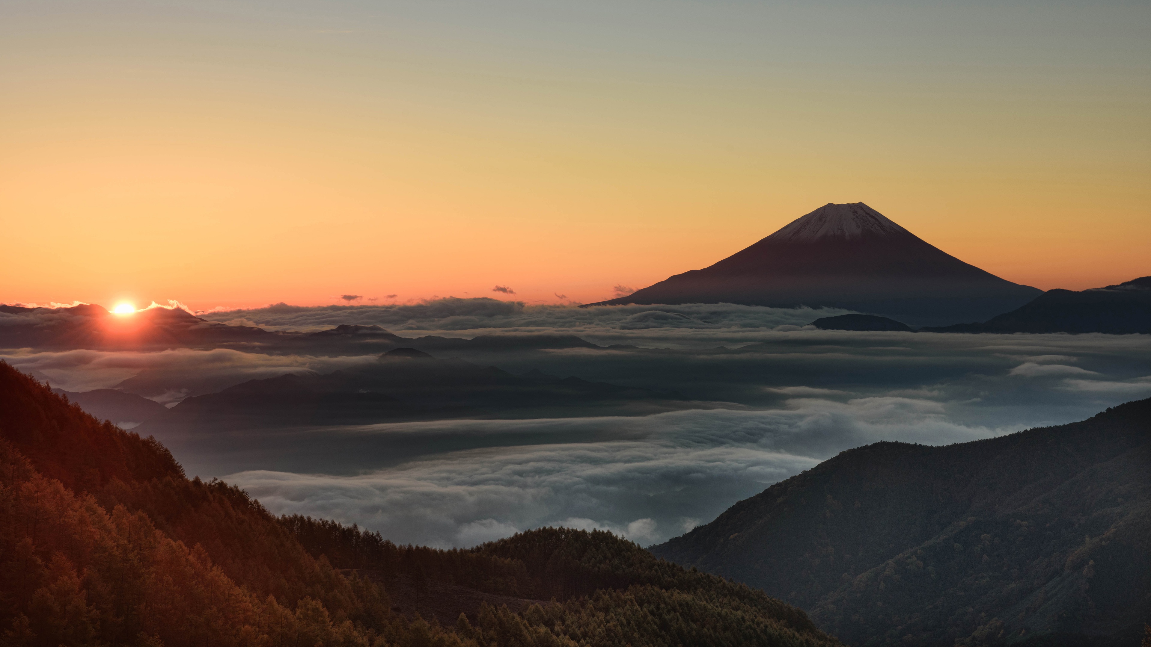 Обои закат, гора Фудзи, вулкан, вечер, горизонт в разрешении 3840x2160