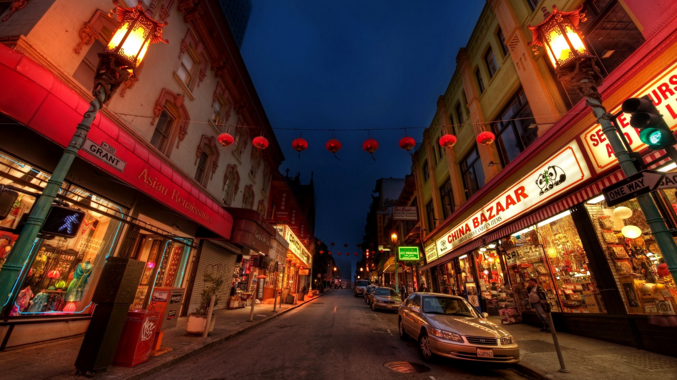 Обои чайнатаун, ночь, городок, улица, ориентир в разрешении 1366x768