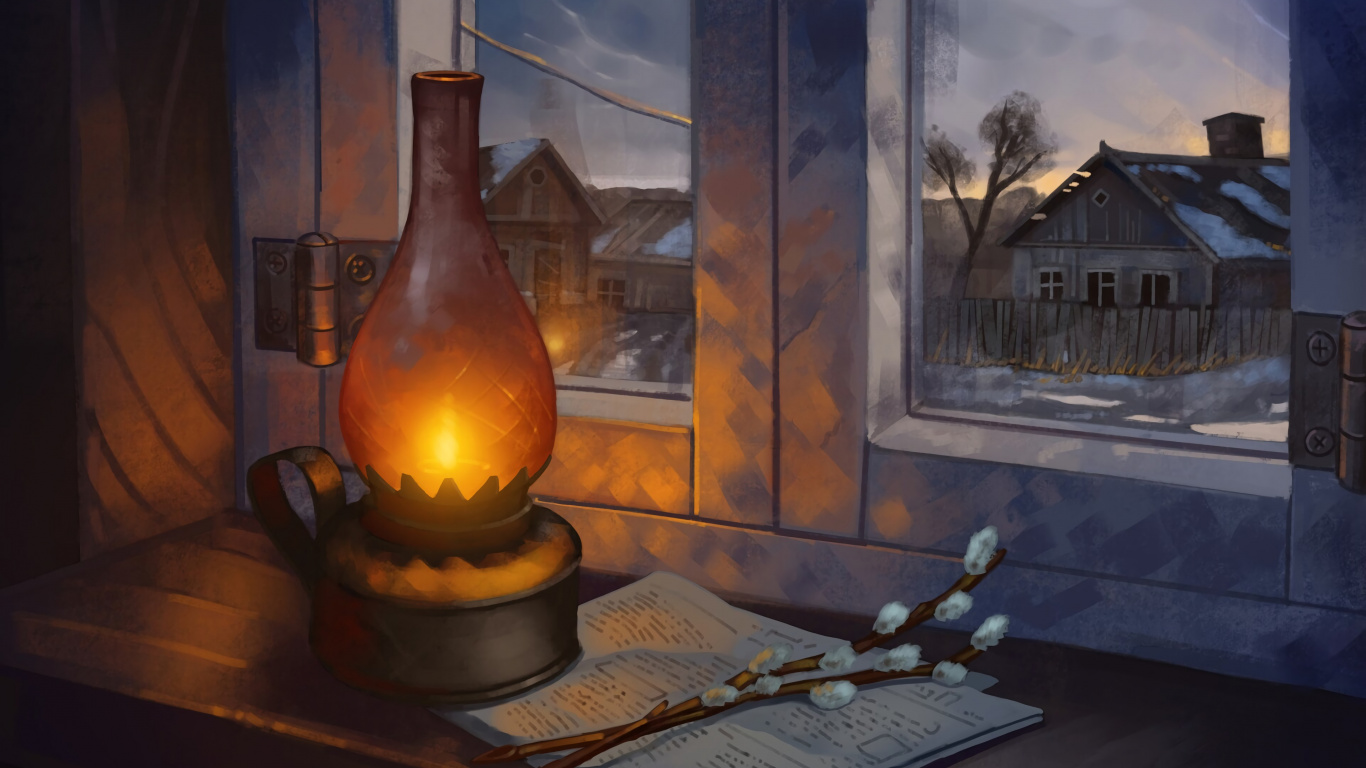 Обои живопись, натюрморт, тепло, очаг, камин в разрешении 1366x768