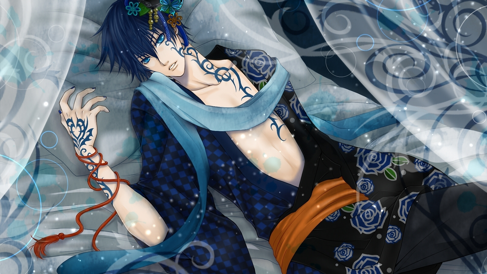 Обои вокалоид, кайто, синий, иллюстрация, тату в разрешении 1920x1080