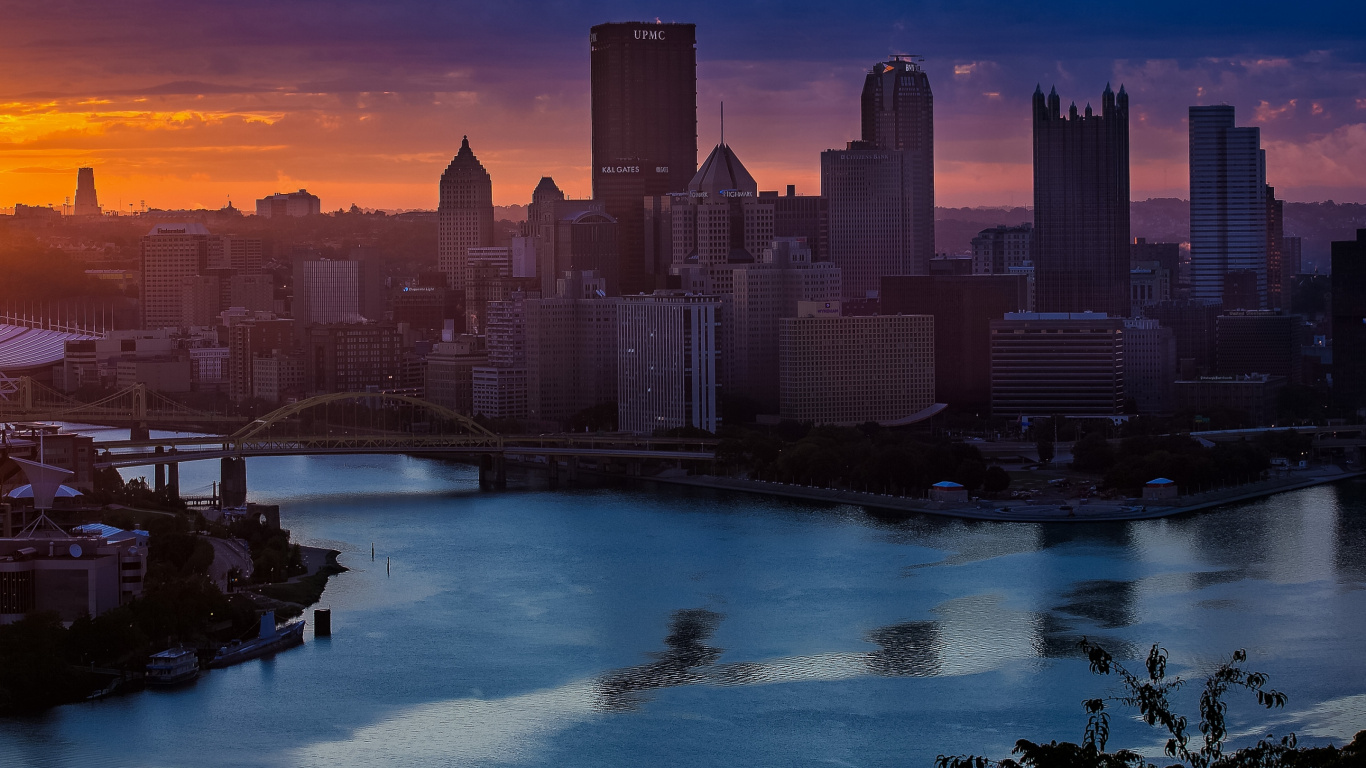 Обои Питсбург, городской пейзаж, город, линия горизонта, городской район в разрешении 1366x768