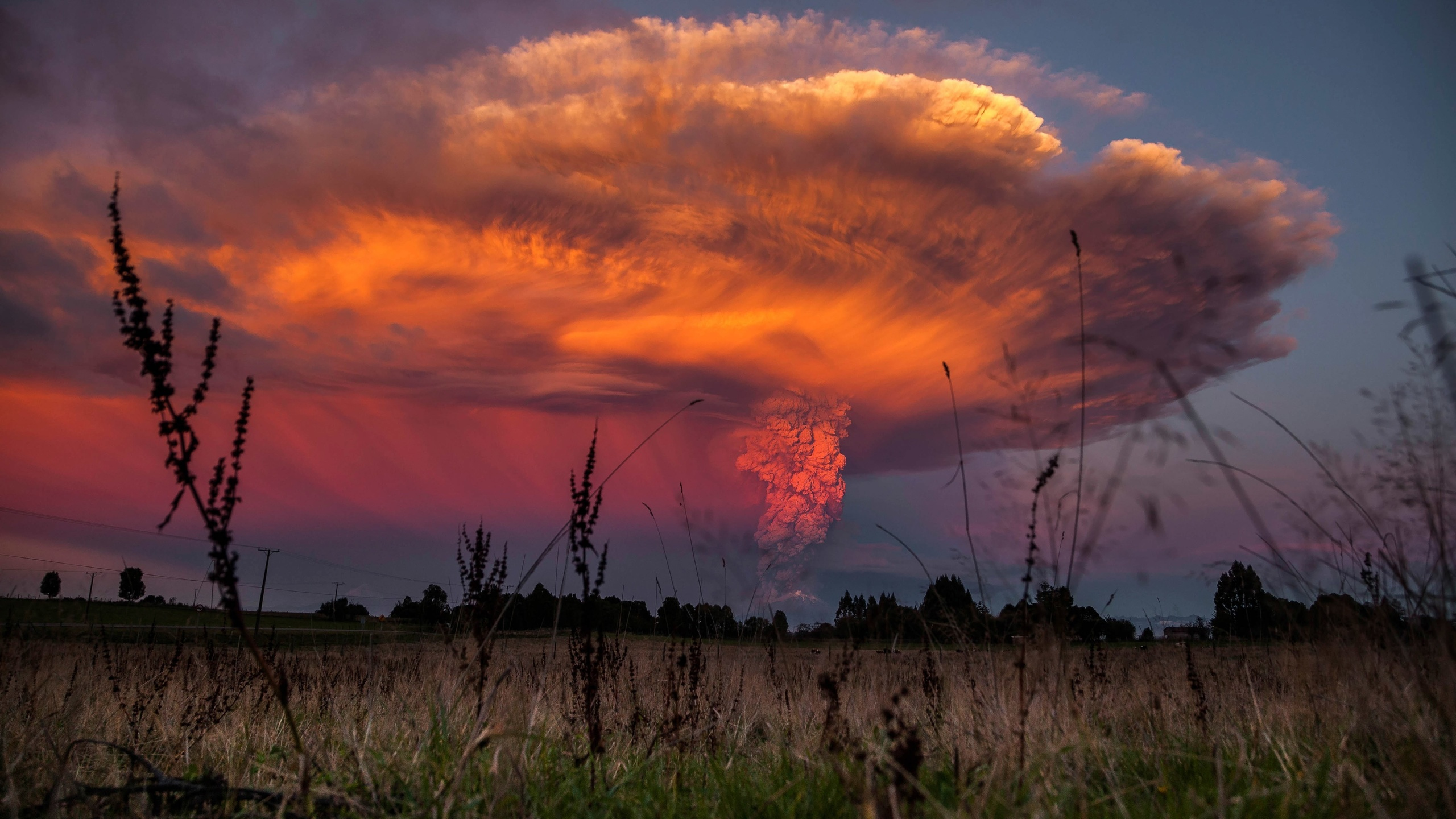 Обои вулкан, облако, природа, послесвечение, вечер в разрешении 2560x1440