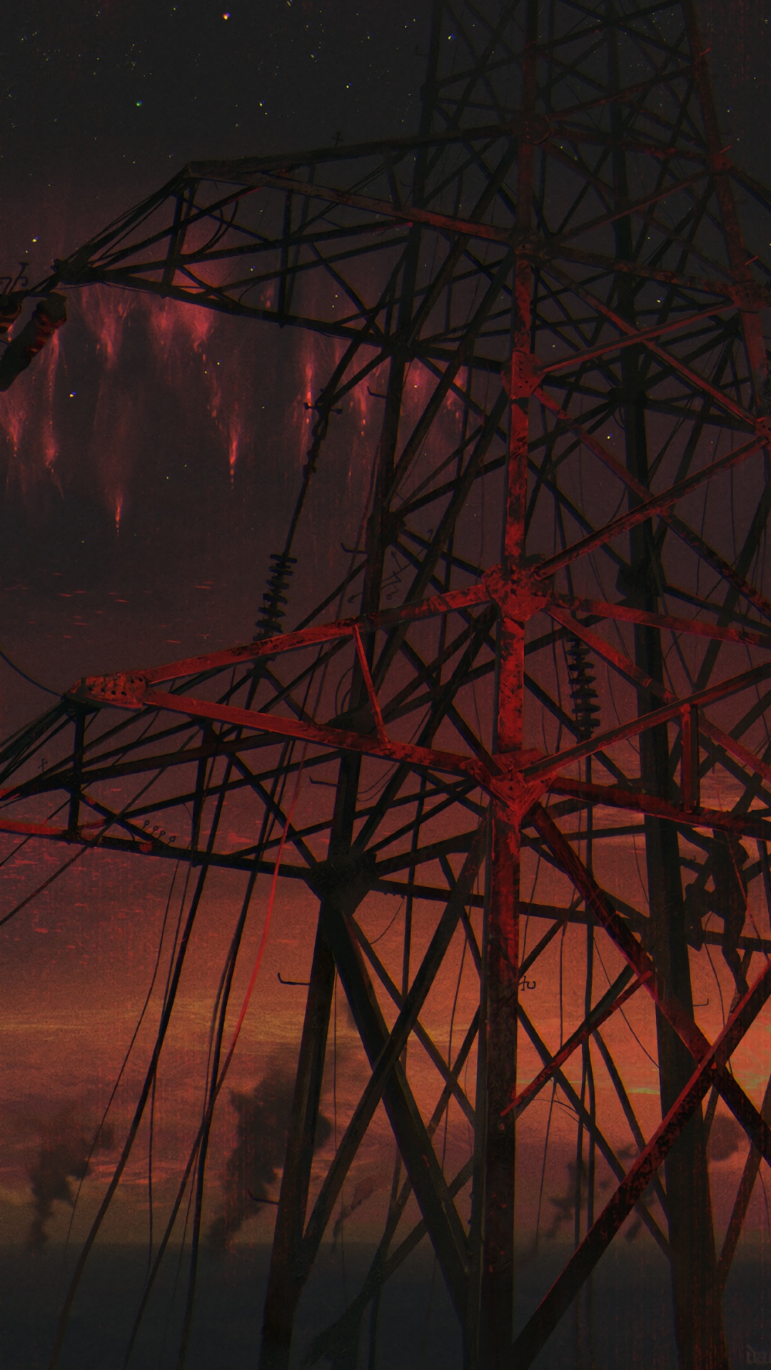 Обои арт, красный цвет, электричество, воздушной линии электропередач, электроснабжение в разрешении 1080x1920
