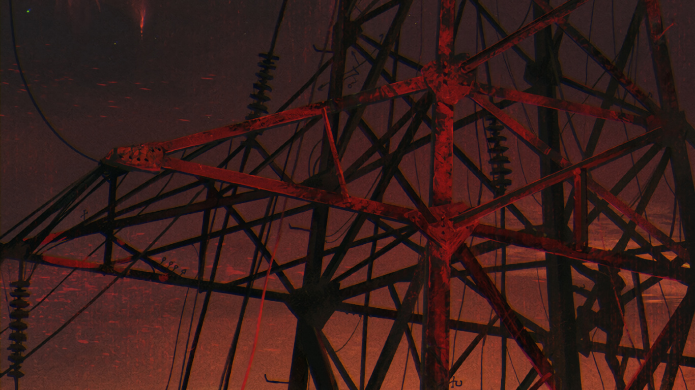 Обои арт, красный цвет, электричество, воздушной линии электропередач, электроснабжение в разрешении 1366x768